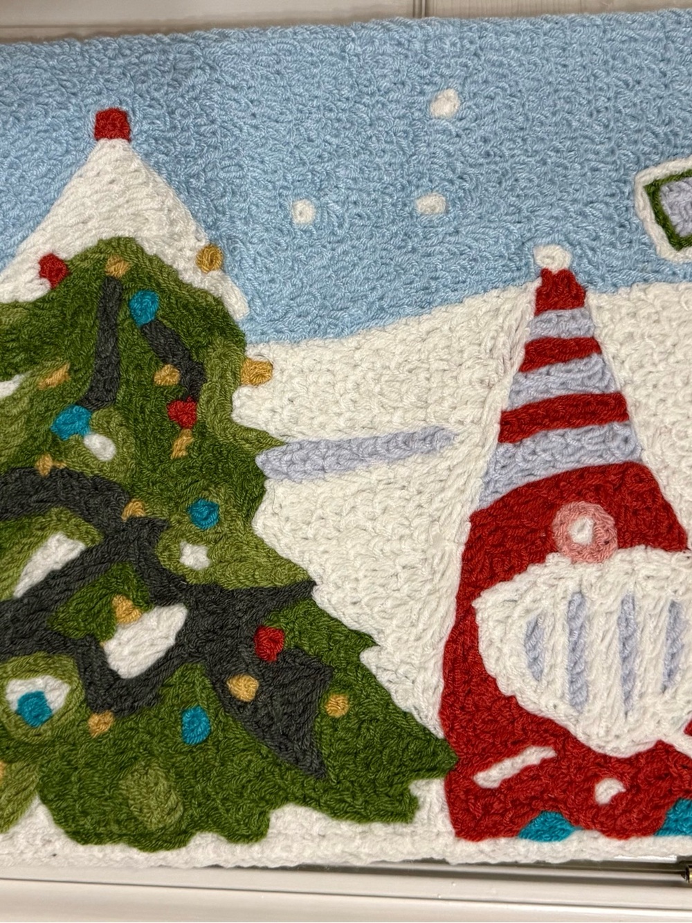 Festive Gnome & Tree Hooked Wool Door Mat - Red, Green, White